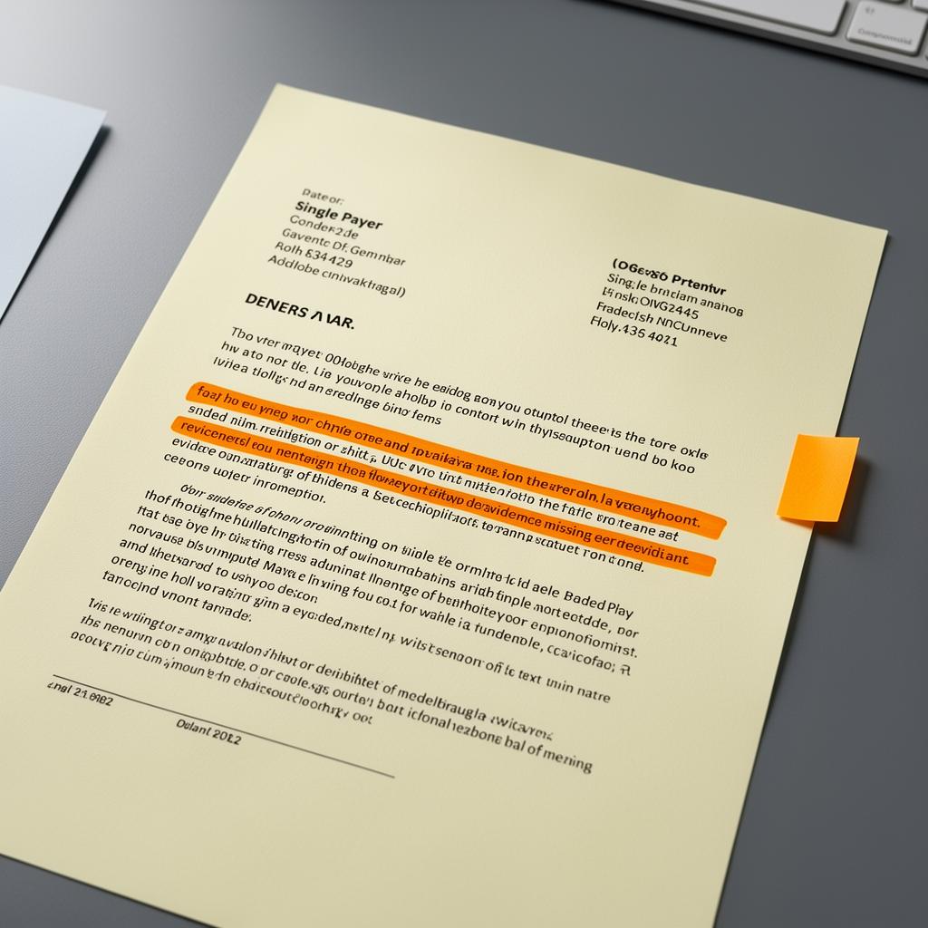 Payer denial letter with a highlighted missing-evidence row and an amber sticky tab on the page edge.