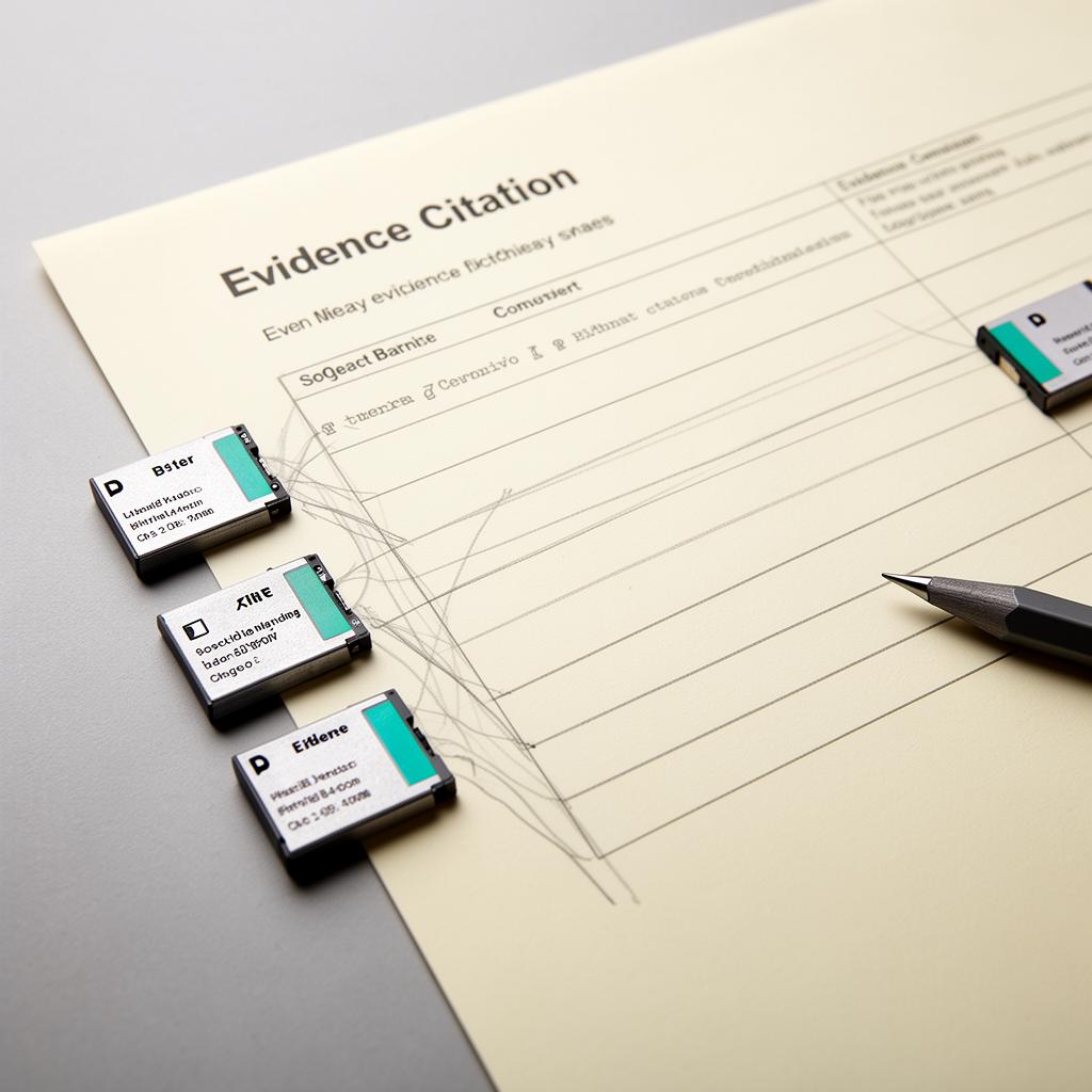 Evidence citation sheet with linked source chips connected by thin pencil lines to rows on the page.
